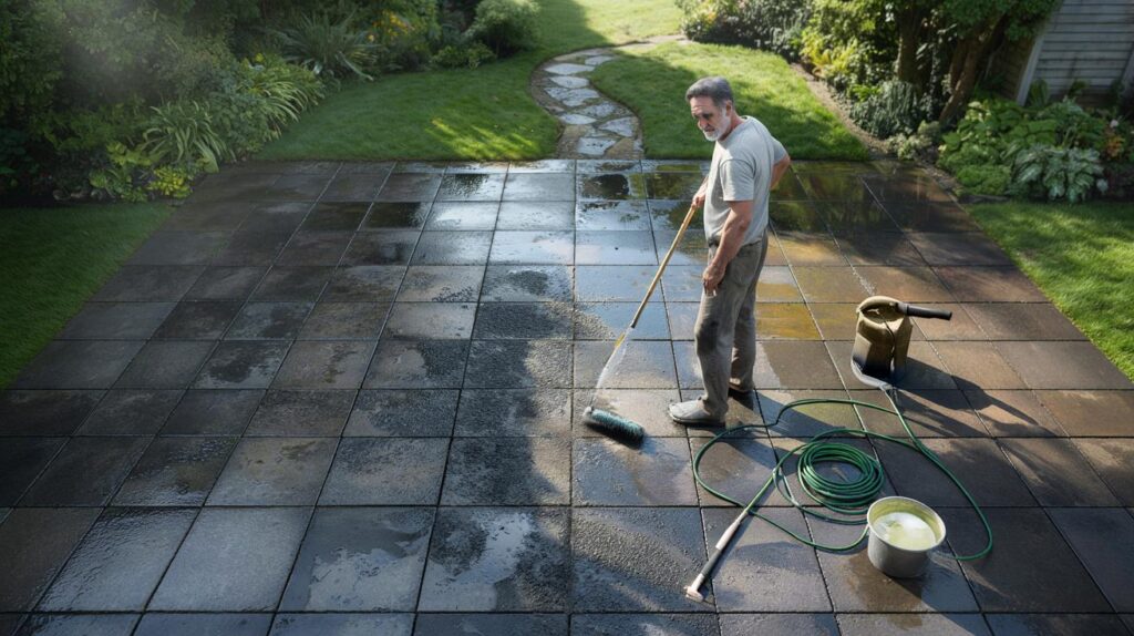 Schlechte Nachrichten für einen Hausbesitzer mit einem verrußten Patio und Gartenwegen: Er muss sie reinigen, ohne sich den Rücken zu brechen, und die Meinungen über den einfachsten Weg dazu sind geteilt.